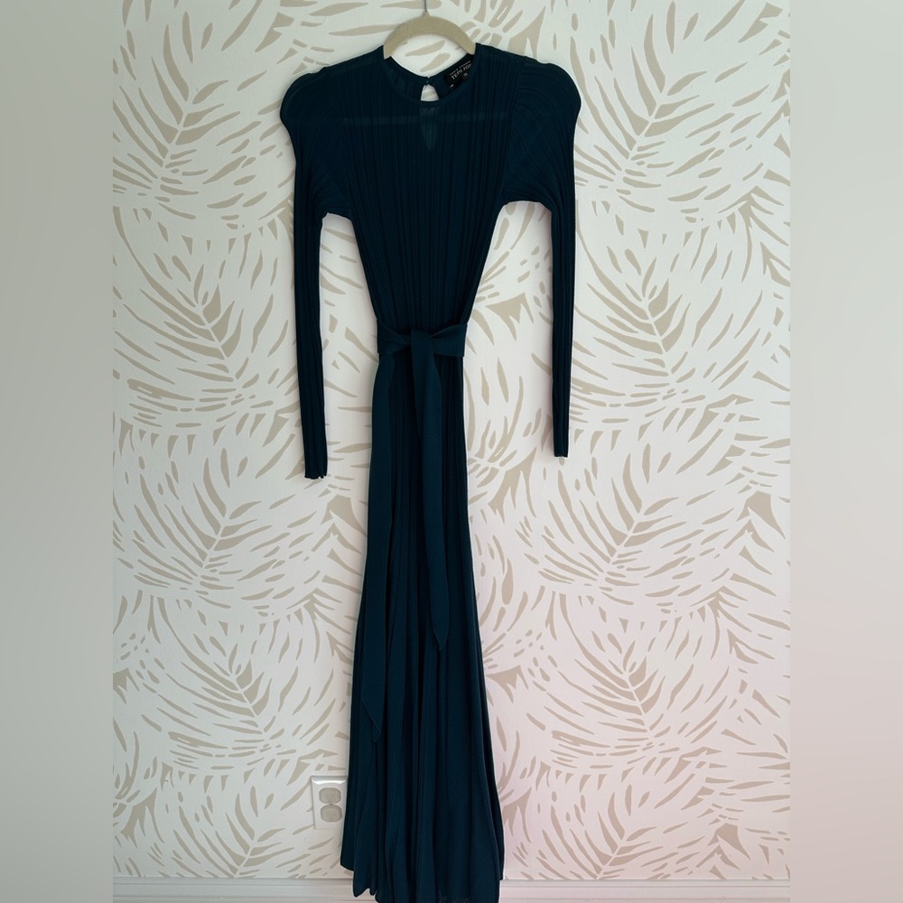 Elegant Teal Teri Jon Long Sleeve Ribbed Dress